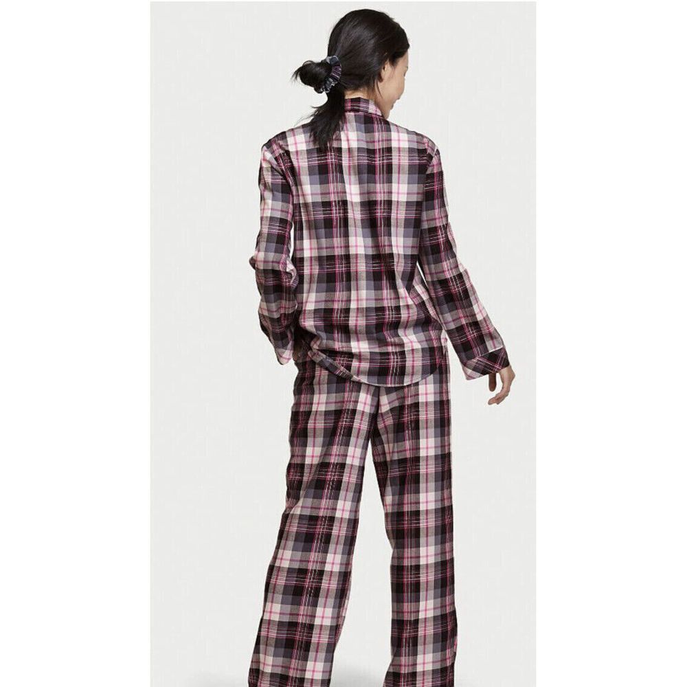 VICTORIA'S SECRET XXL PJ SET sleepwear flannel PINK black gray white PLAID black - Picture 2 of 4